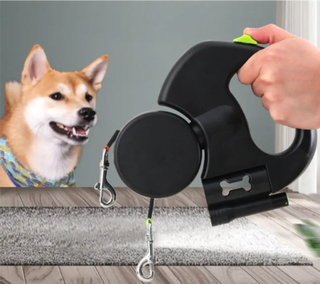 Retractable Double Dog Leash with Light