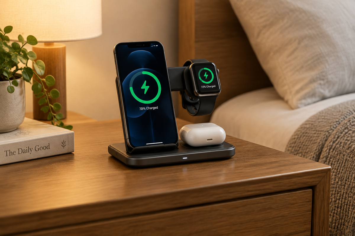 3-in-1 foldable wireless charging station on a wooden nightstand charging a phone, watch, and earbuds